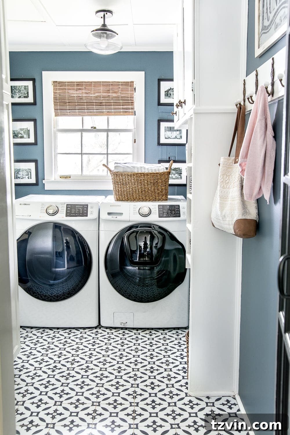 23 Smart Hacks to Make Your Small Room Feel Instantly Bigger 17 laundry room with medium blue walls and black and white peel and stick tiles