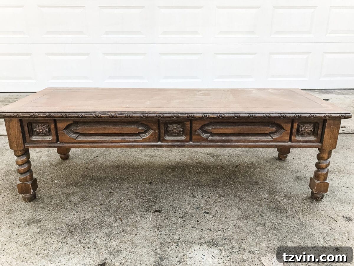 30 Must-Have Home Decor Treasures from Thrift Stores 25 Thrifted coffee table before its transformation, showcasing potential for DIY.