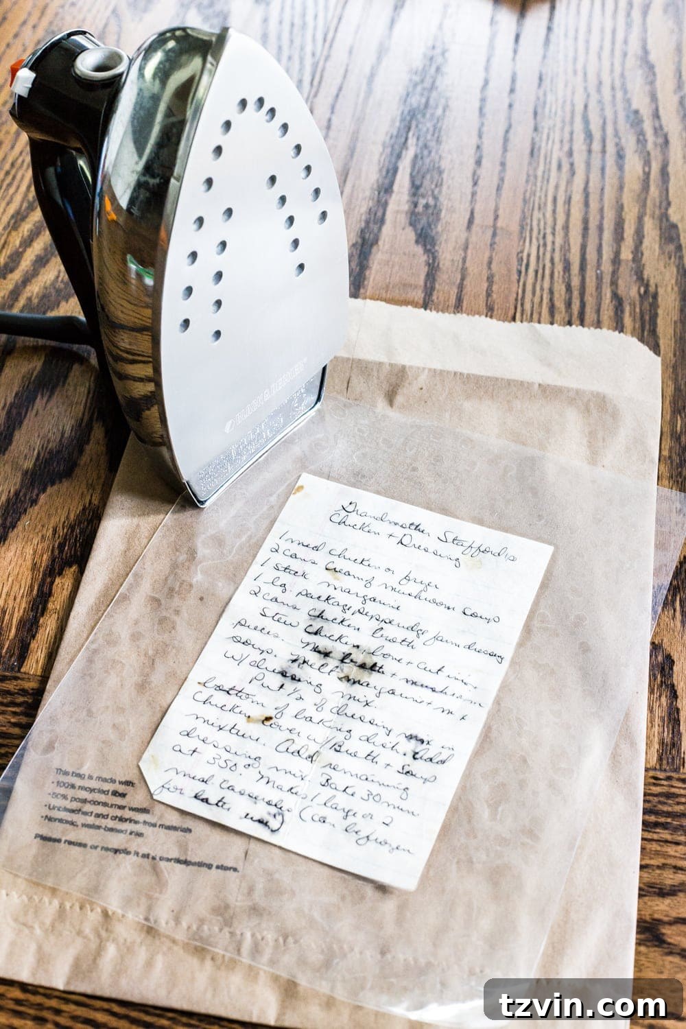Ironing the laminating film to preserve handwritten recipes and letters