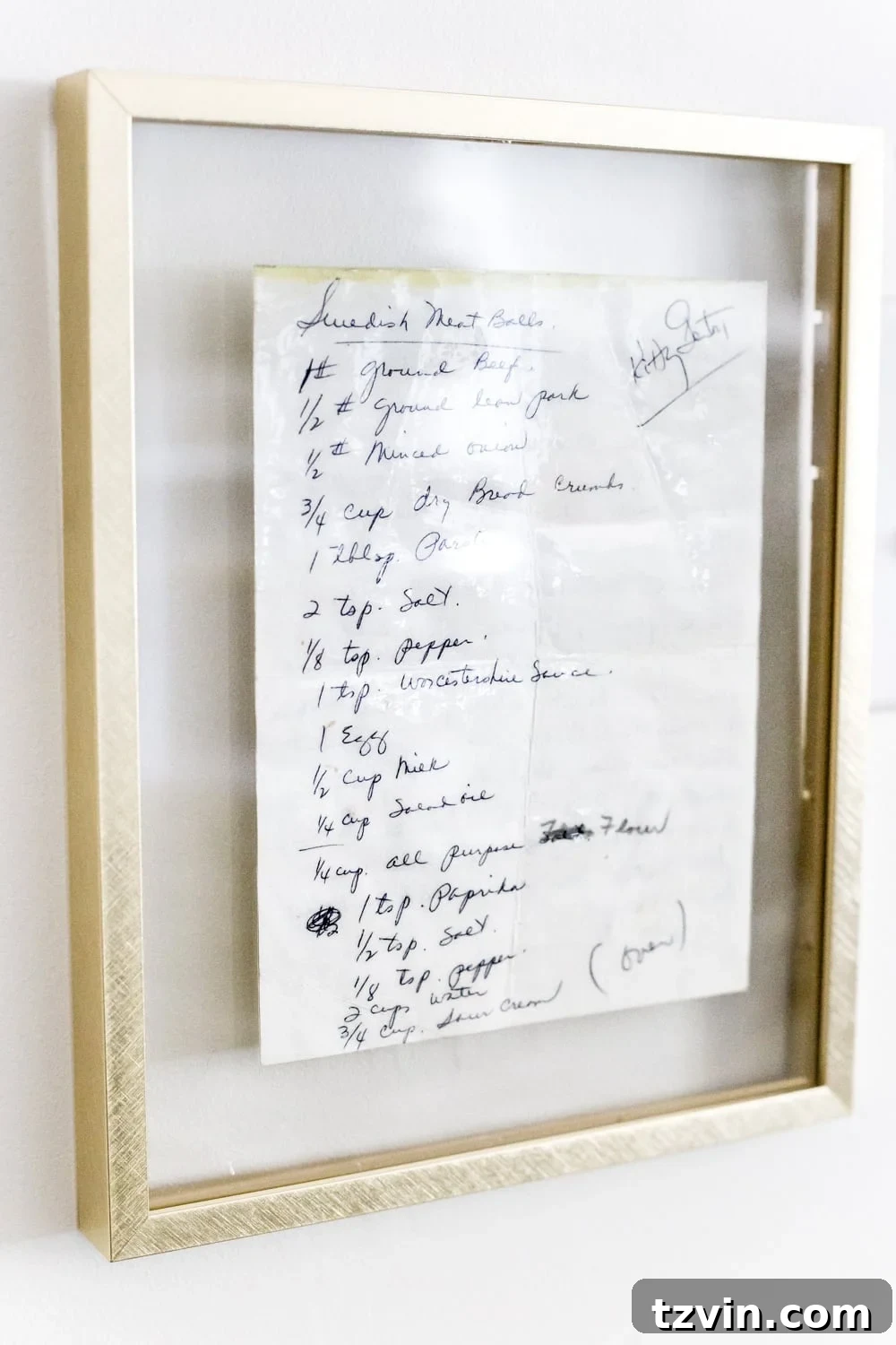 Preserved and framed handwritten Swedish meatballs recipe art