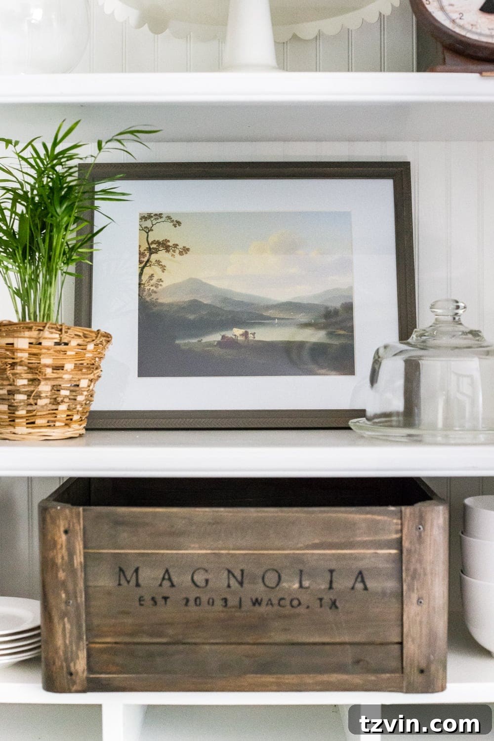American landscape art - $3 printable in a thrifted frame, part of kitchen shelf decor