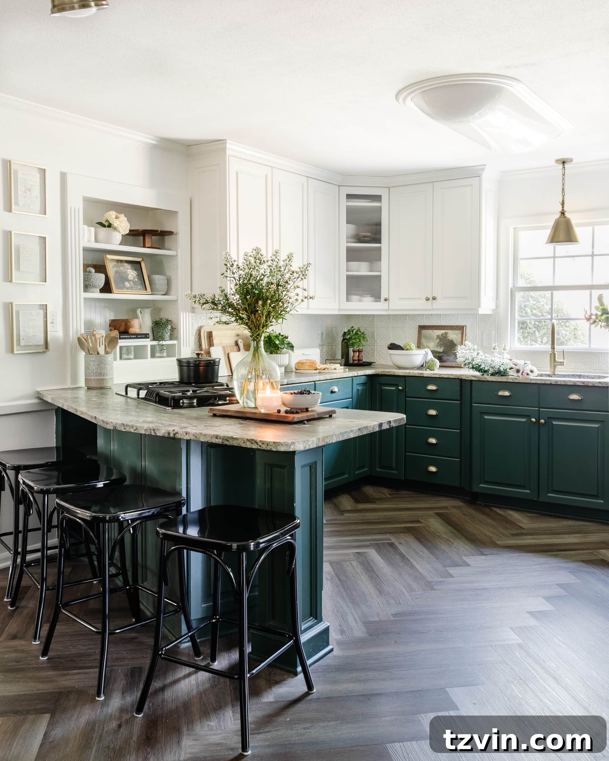 Cozy Cottagecore Kitchen Transformations for Less 2 kitchen facelift with herringbone floors, green cabinets, and cottagecore style