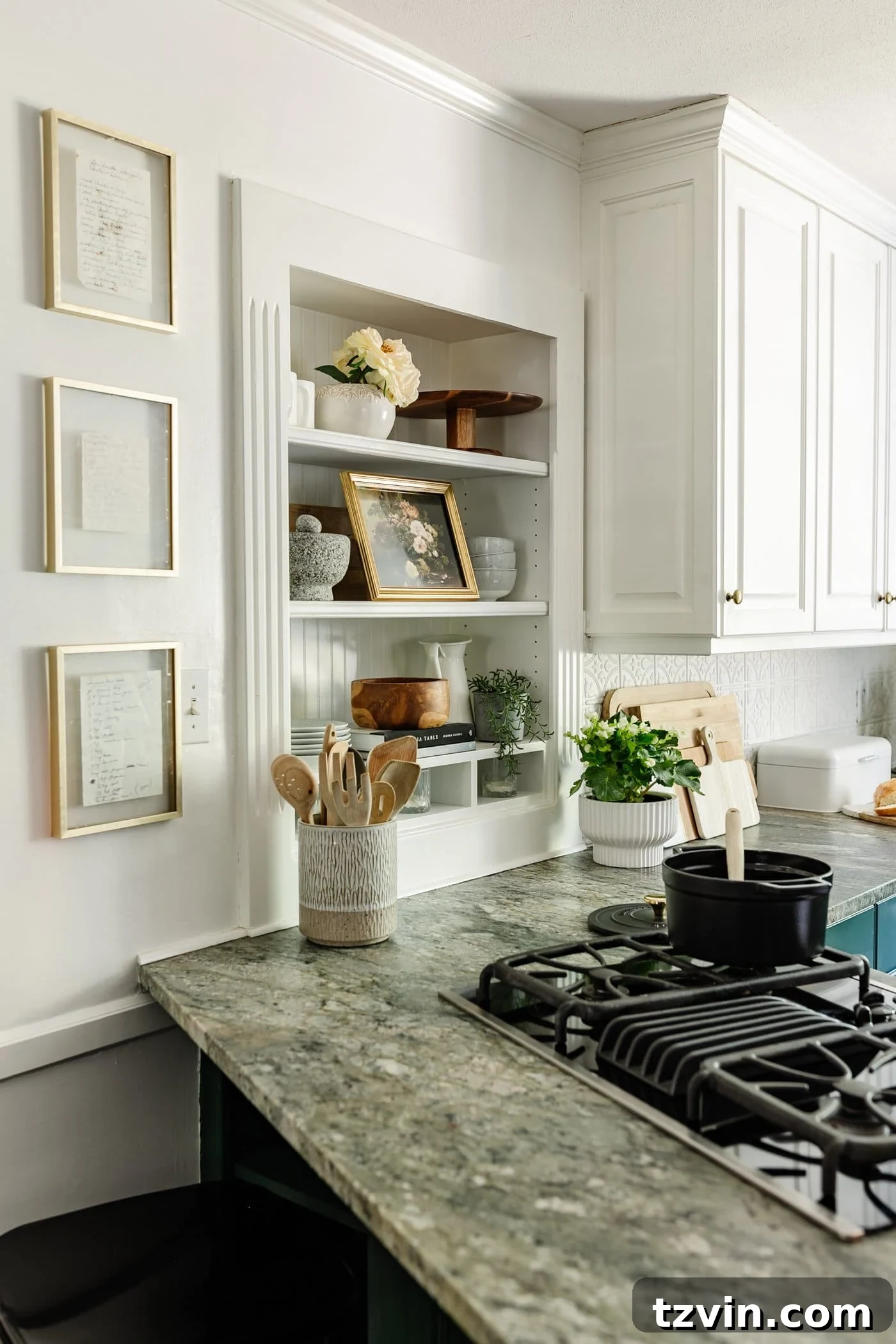 Cozy Cottagecore Kitchen Transformations for Less 19 framed handwritten recipe art in float frame hanging on a kitchen wall