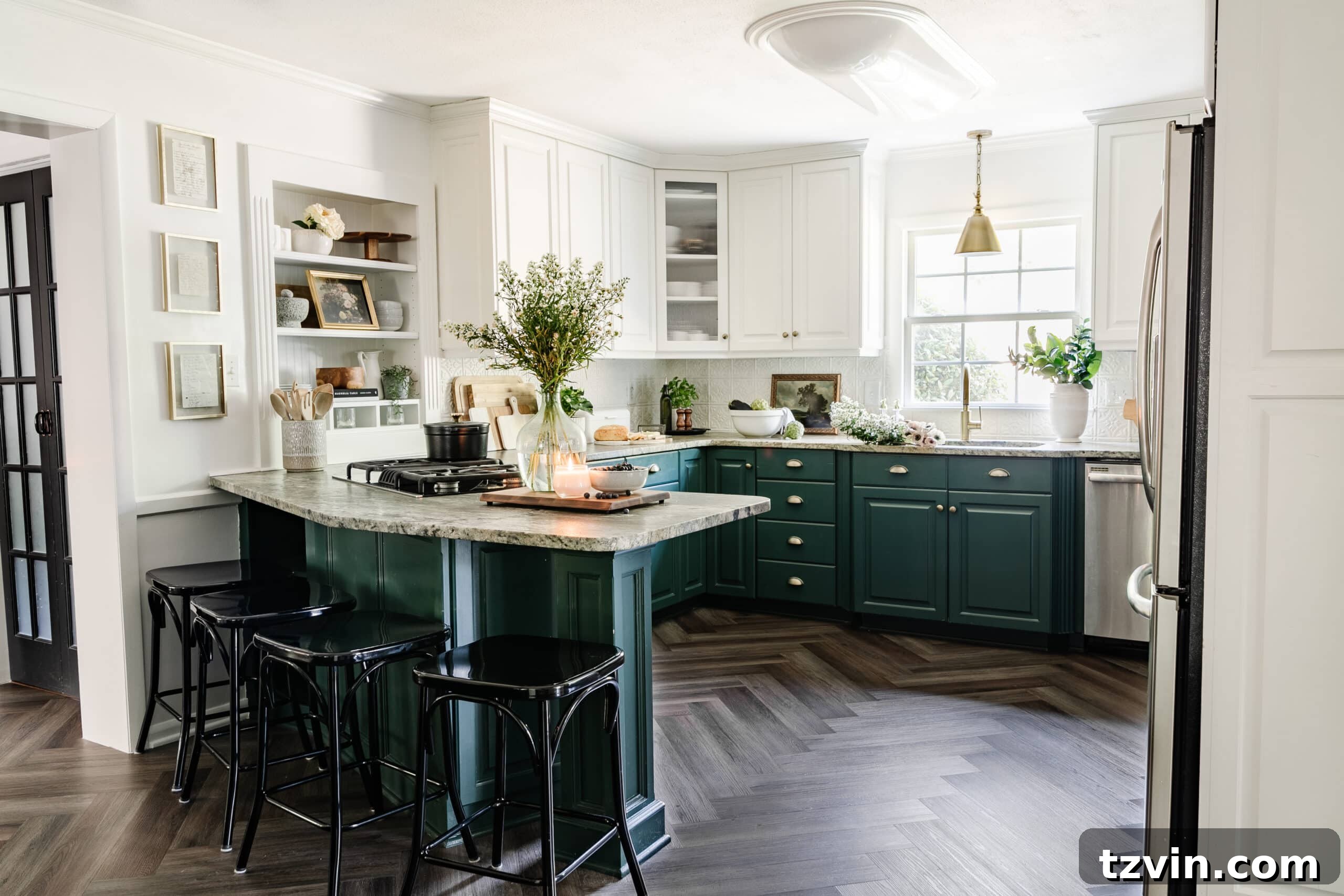 Cozy Cottagecore Kitchen Transformations for Less 3 kitchen facelift with herringbone floors, green cabinets, and cottagecore style