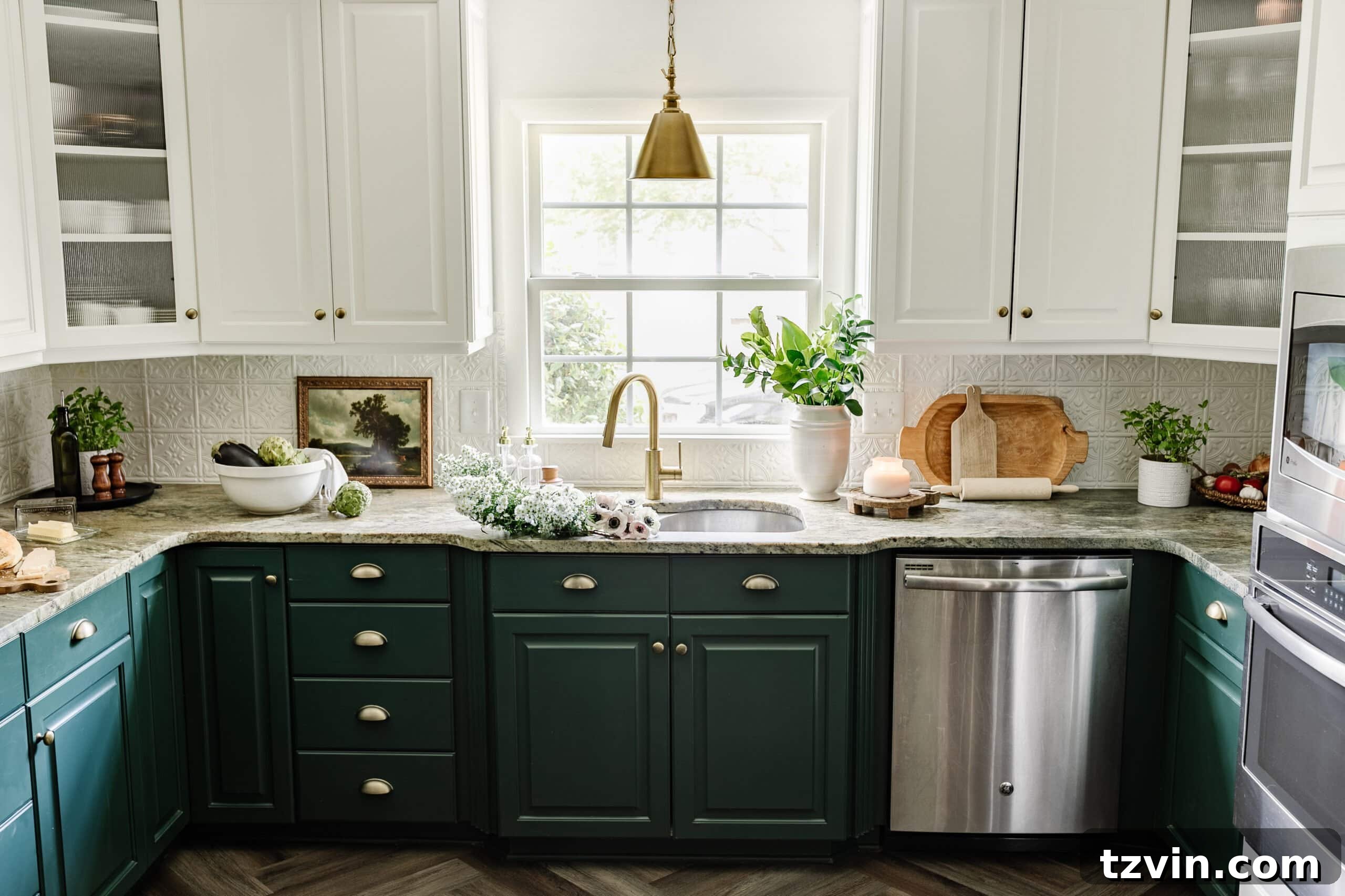 Cozy Cottagecore Kitchen Transformations for Less 20 cottagecore style kitchen with green lower cabinets and white upper cabinets, sink in front of window