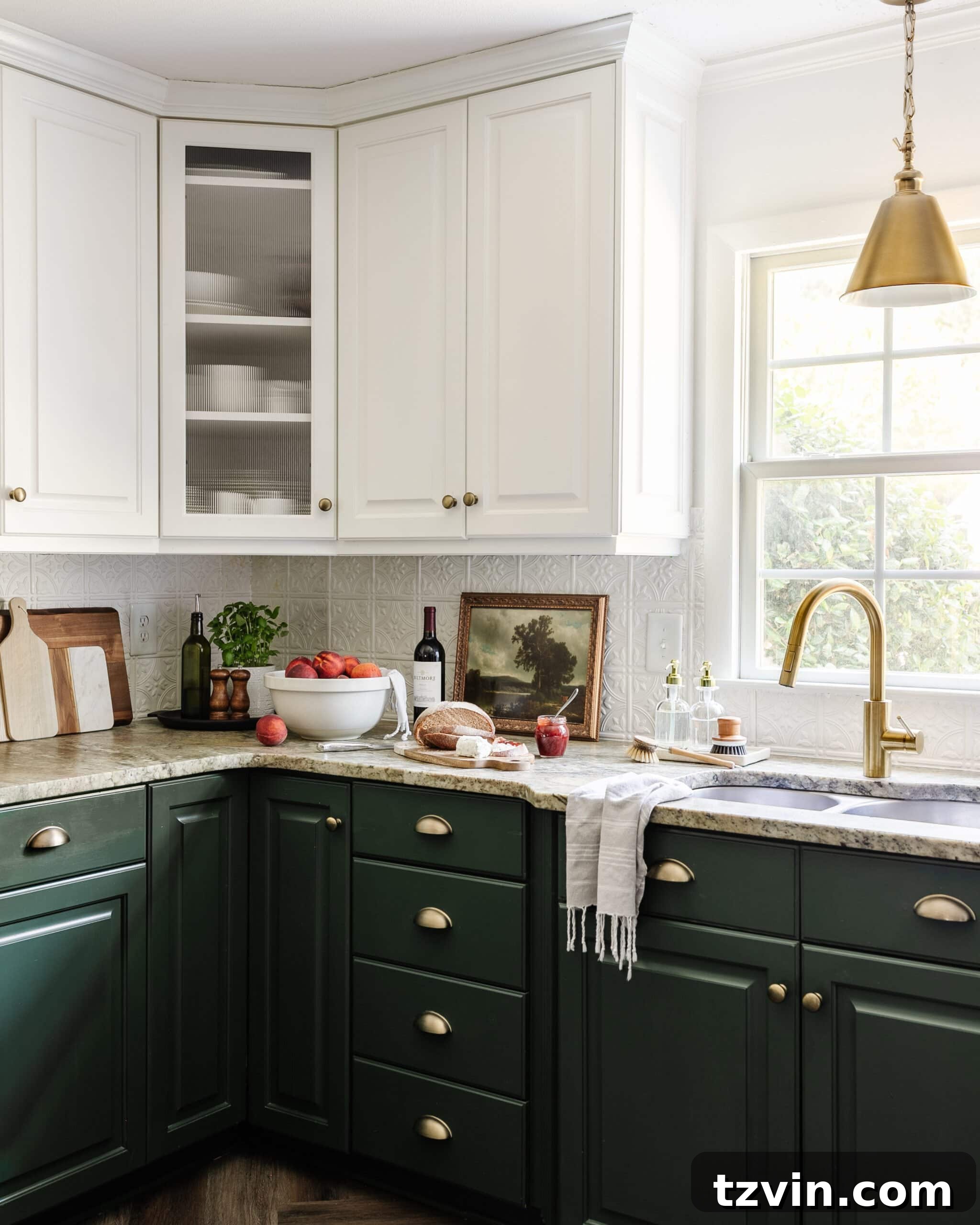Cozy Cottagecore Kitchen Transformations for Less 10 leathered granite kitchen countertop, cottagecore style countertop decor, and kitchen sink with brass faucet in front of window