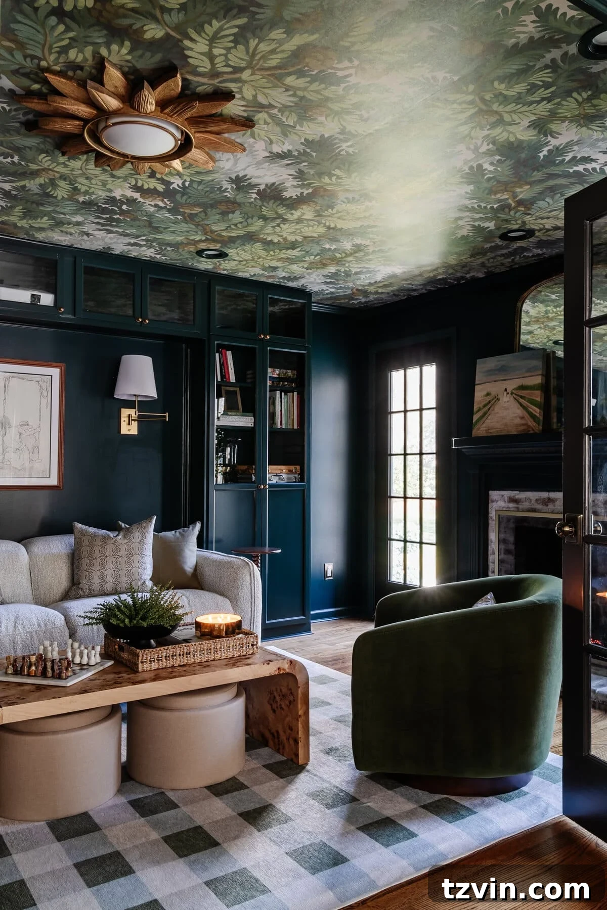media room painted Sherwin Williams Cascades, showcasing its moody and vibrant qualities