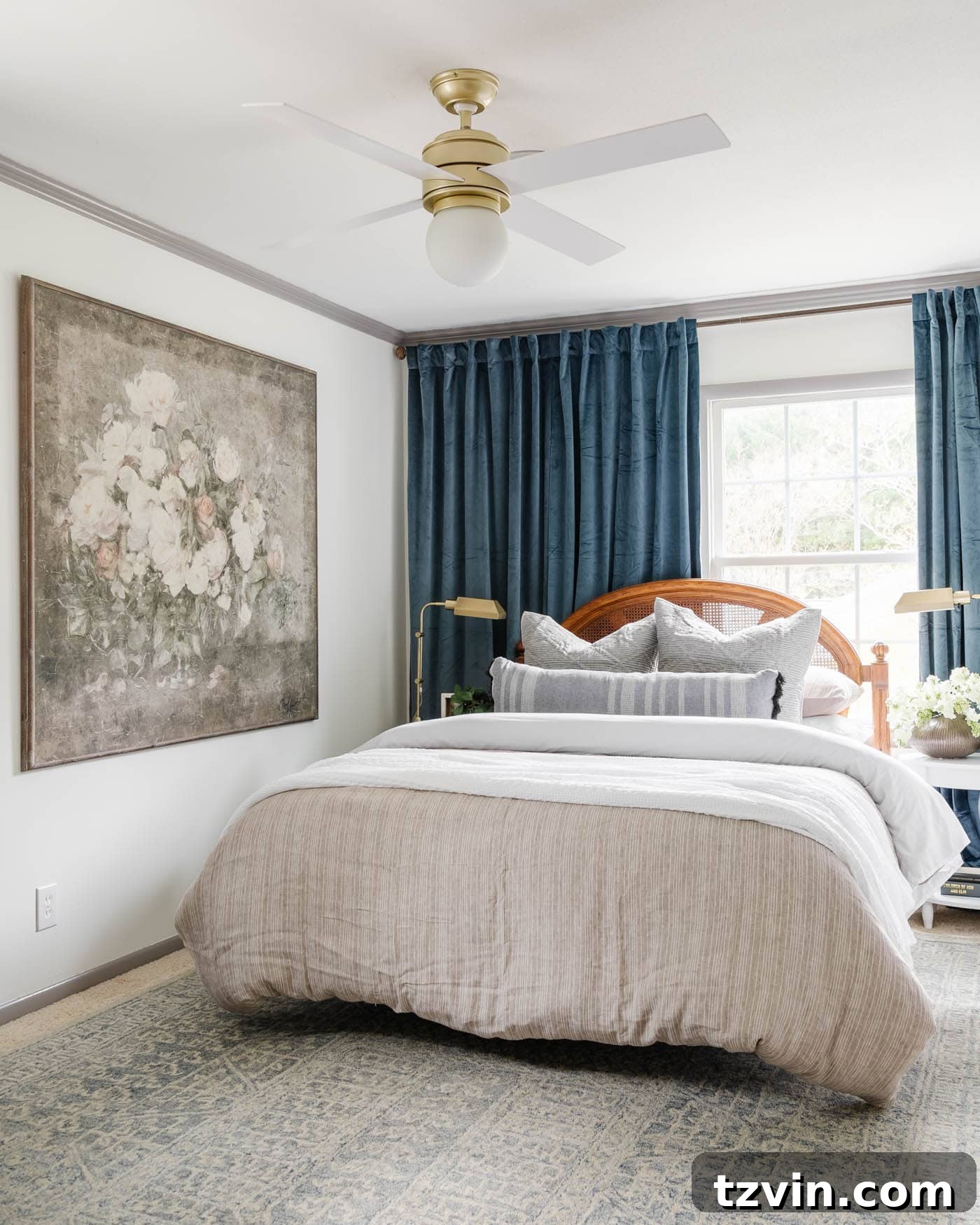 guest bedroom painted Benjamin Moore White Dove walls and Benjamin Moore Winter Gates trim and doors