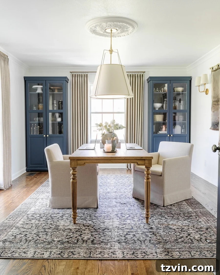 modern traditional home office painted Benjamin Moore Chantilly Lace, bright and clean
