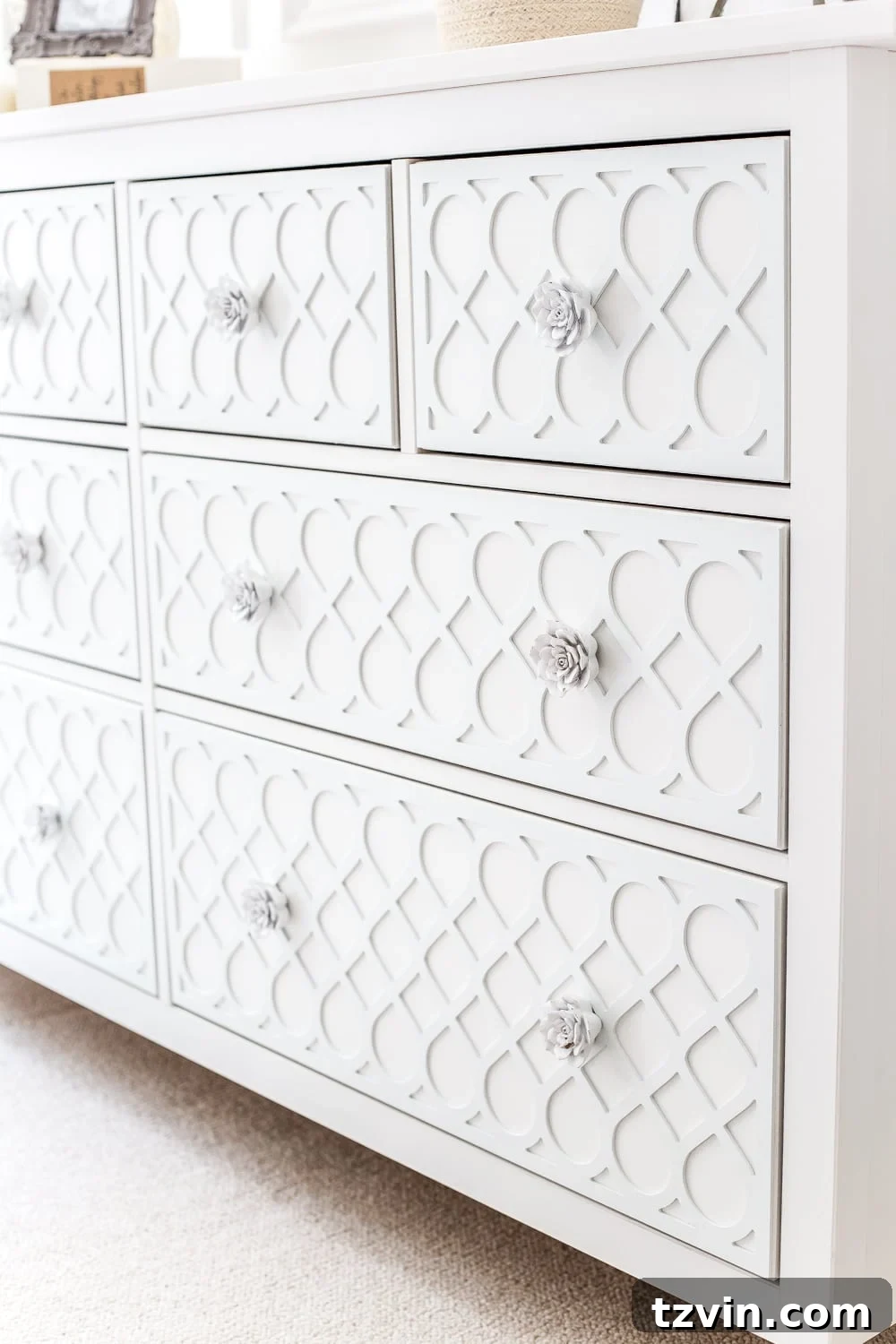 Elevated IKEA Hemnes Dresser Makeover 15 IKEA Hemnes dresser hack with O'verlays appliques and custom hardware for a furniture makeover