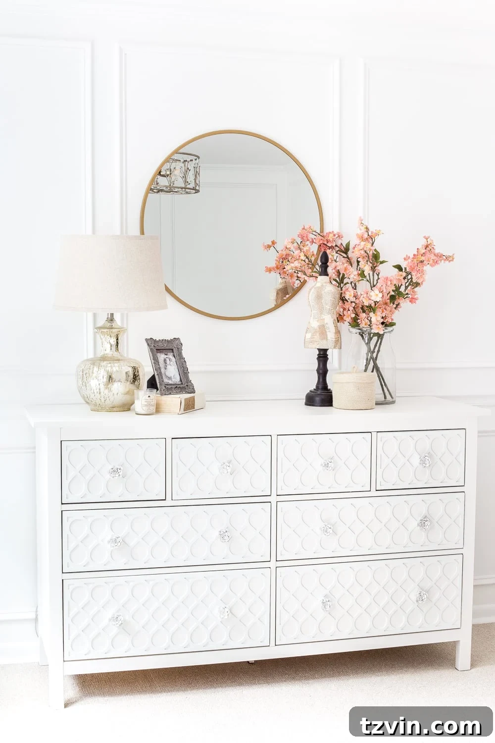 Elevated IKEA Hemnes Dresser Makeover 3 Transformed IKEA Hemnes dresser with O'verlays appliques and paint, showcasing a high-end carved detail