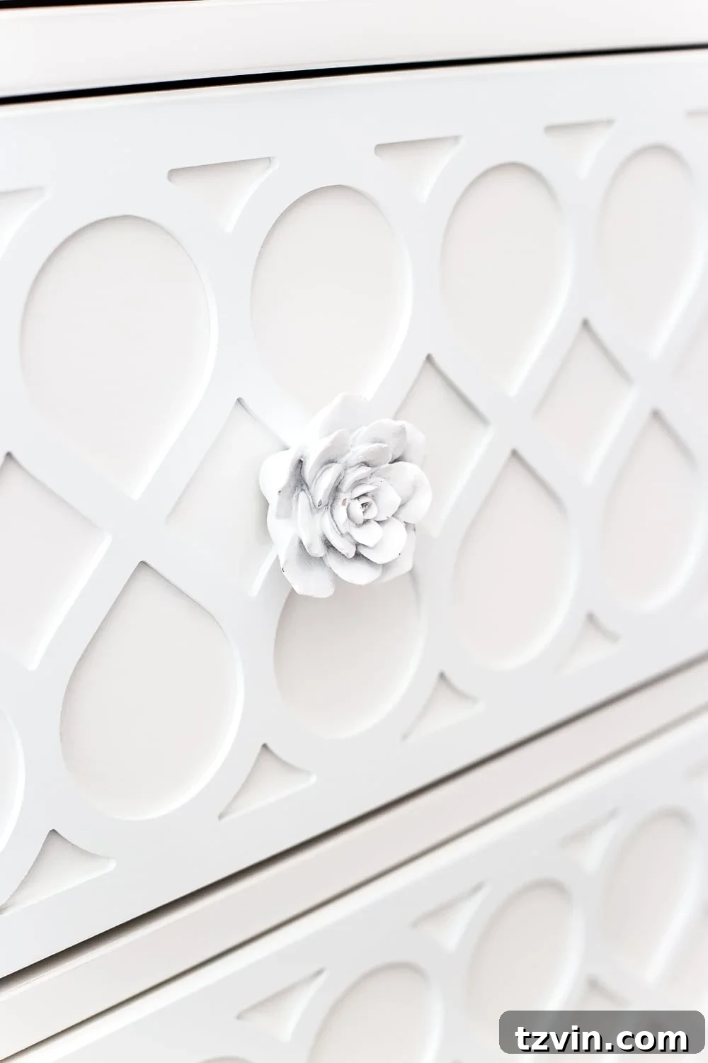 Elevated IKEA Hemnes Dresser Makeover 10 White cactus flower knobs and O'verlays applique on an IKEA Hemnes dresser