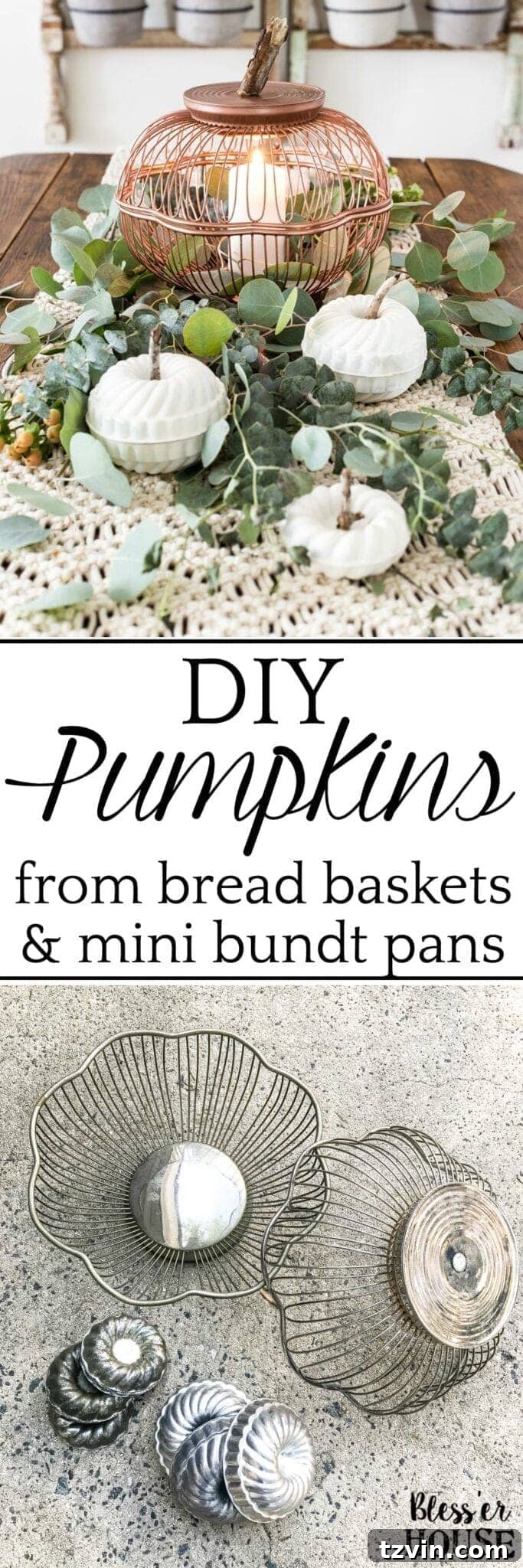 A step-by-step tutorial for making craft pumpkins for fall using thrifted vintage wire bread baskets and mini bundt pan Jello molds. #craftpumpkin #fallcraft