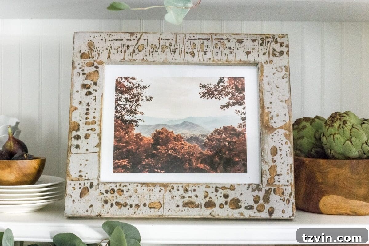 Autumn mountain landscape art printable and fall kitchen shelf vignette + more free fall printables