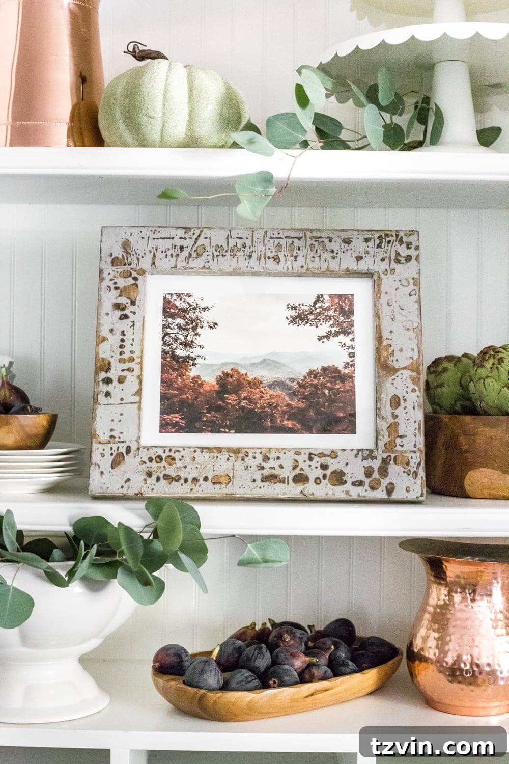 Autumn mountain landscape art printable and fall kitchen shelf vignette + more free fall printables