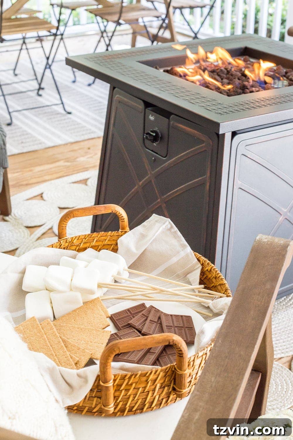 Fall Porch Perfection: Crafting Your Cozy Outdoor Oasis 4 Cozy fall porch with gas fire pit and s'mores | outdoor fall entertaining