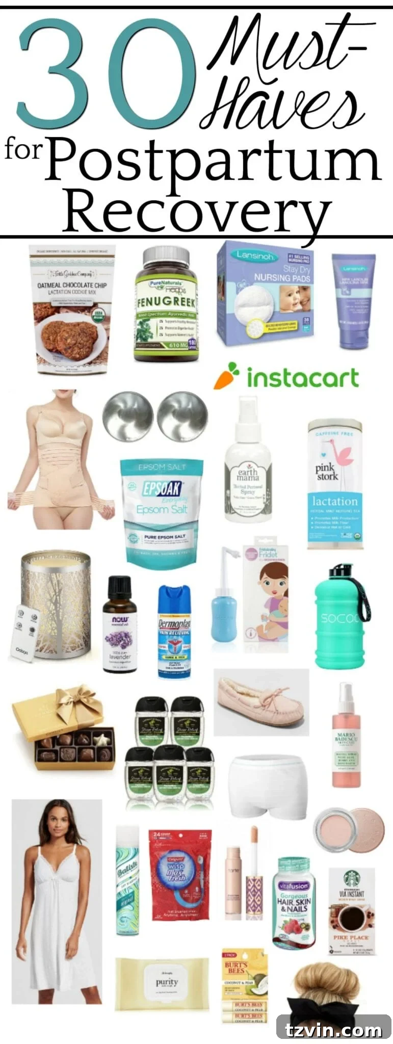 30 Postpartum Recovery Essentials Every New Mom Needs 2 A new mom's essential shopping list and gift guide for postpartum recovery focusing on lactation, pain relief, hormonal balance, stress-relief, and self-care.