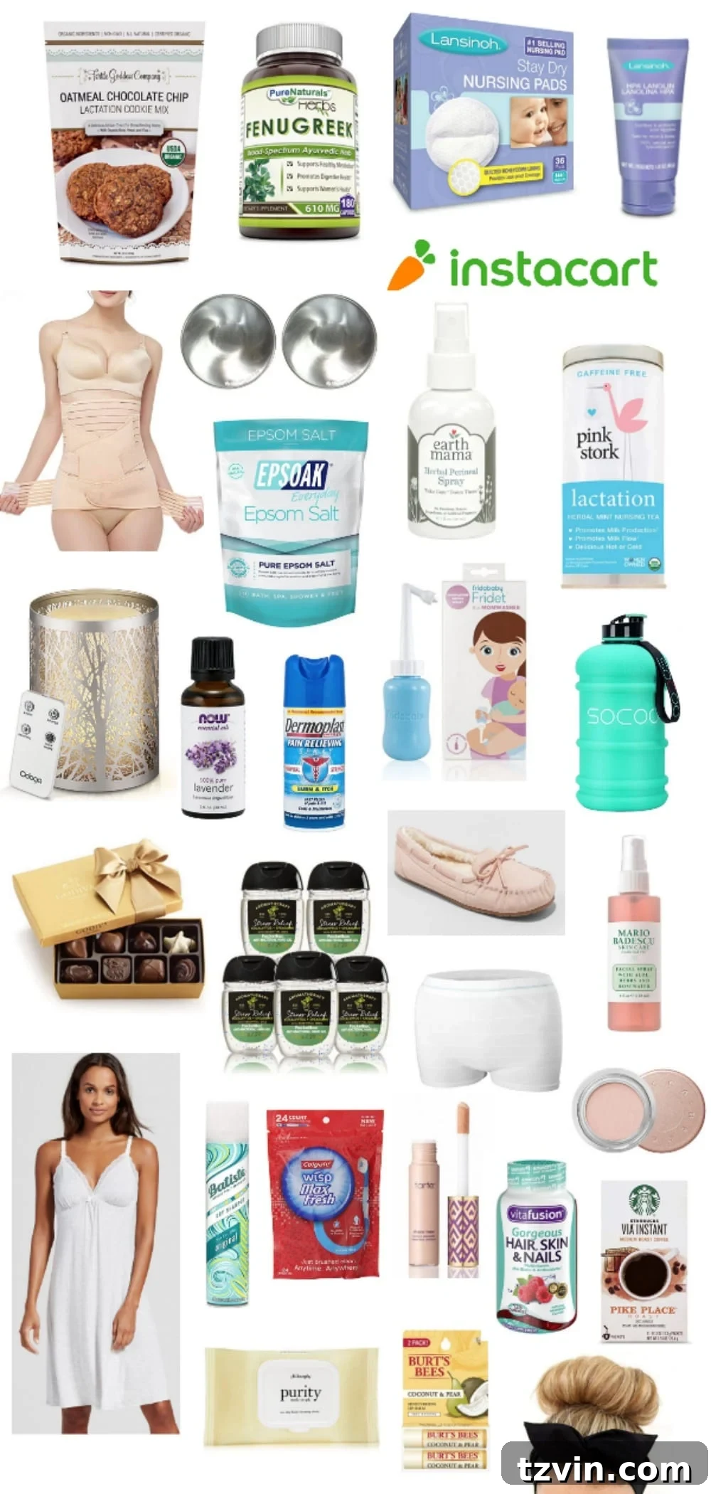 30 Postpartum Recovery Essentials Every New Mom Needs 4 An organized collection of postpartum must-have essentials including personal care items, snacks, and comfort products for new mothers.