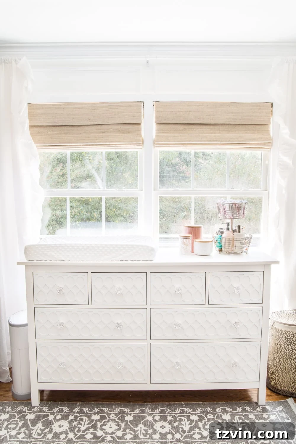 Blossoming Dreams: White Floral Nursery Reveal 19 IKEA Hemnes dresser with appliques in the white nursery.