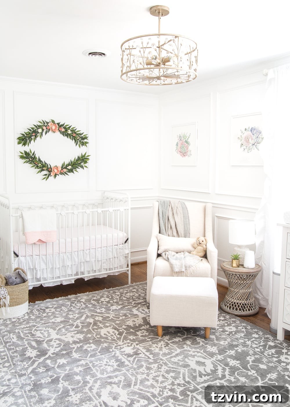 Blossoming Dreams: White Floral Nursery Reveal 3 An all white nursery with classic, vintage style furniture and floral accents.