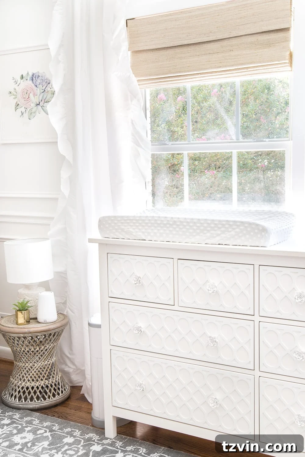 Blossoming Dreams: White Floral Nursery Reveal 25 Blackout Roman shades in the white nursery.