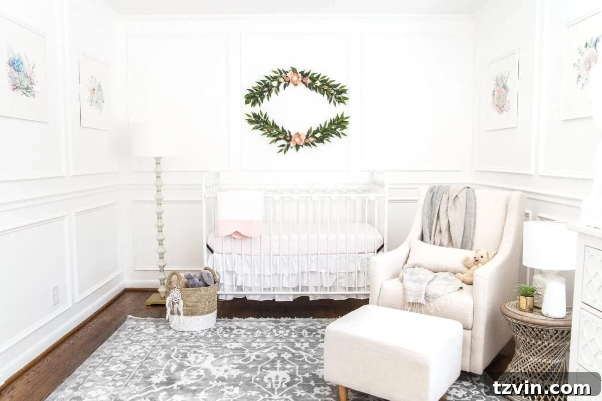 Blossoming Dreams: White Floral Nursery Reveal 26 Beautiful wide shot of the finished white nursery.
