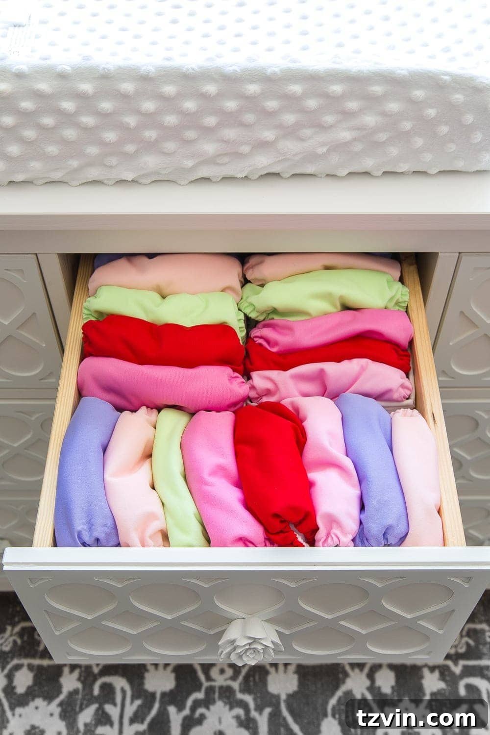 Nursery Organization Secrets Revealed 10 Nursery Organization | Dresser drawers with dividers to store cloth diaper covers