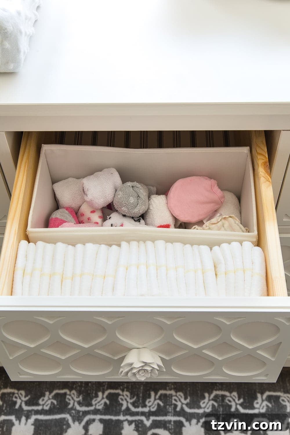 Nursery Organization Secrets Revealed 11 Nursery Organization | Dresser drawers with dividers to store diapers, socks, and mittens