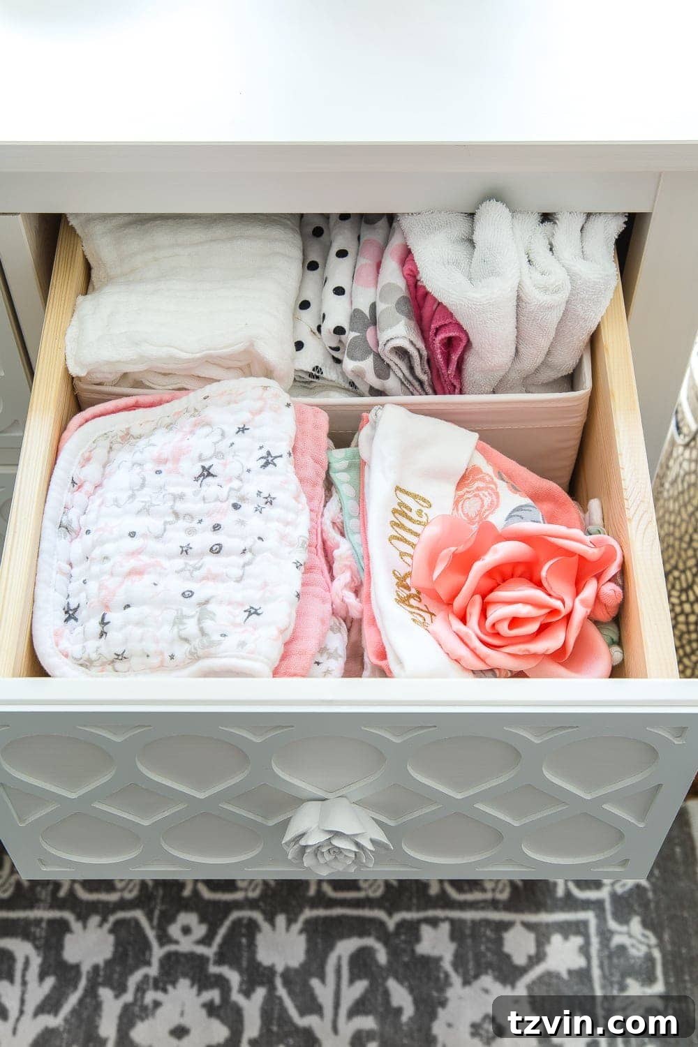 Nursery Organization Secrets Revealed 12 Nursery Organization | Dresser drawers with dividers to store burp cloths, bibs, and hats