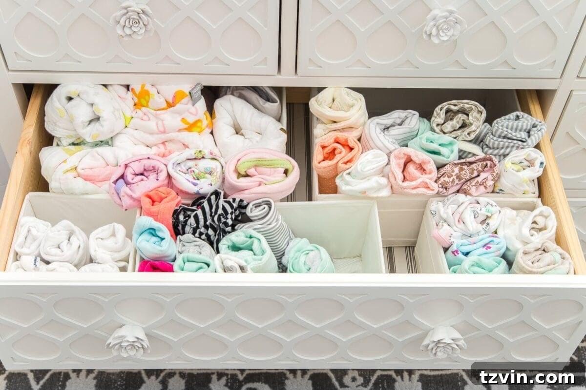 Nursery Organization Secrets Revealed 13 Nursery Organization | Dresser drawers with dividers to store baby clothes and swaddles in categories