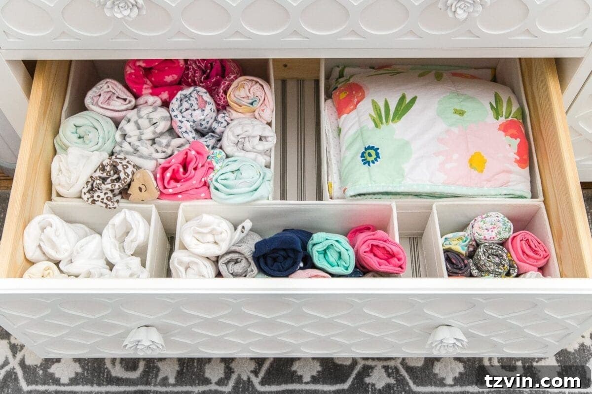 Nursery Organization Secrets Revealed 15 Nursery Organization | Dresser drawers with dividers to store clothing in categories.