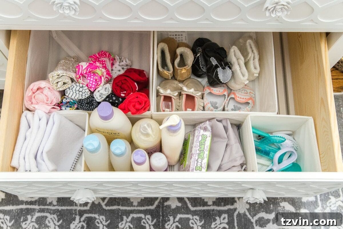 Nursery Organization Secrets Revealed 16 Nursery Organization | Dresser drawers with dividers to store baby soap, grooming kit, changing pads, shoes, and diaper pail bags.