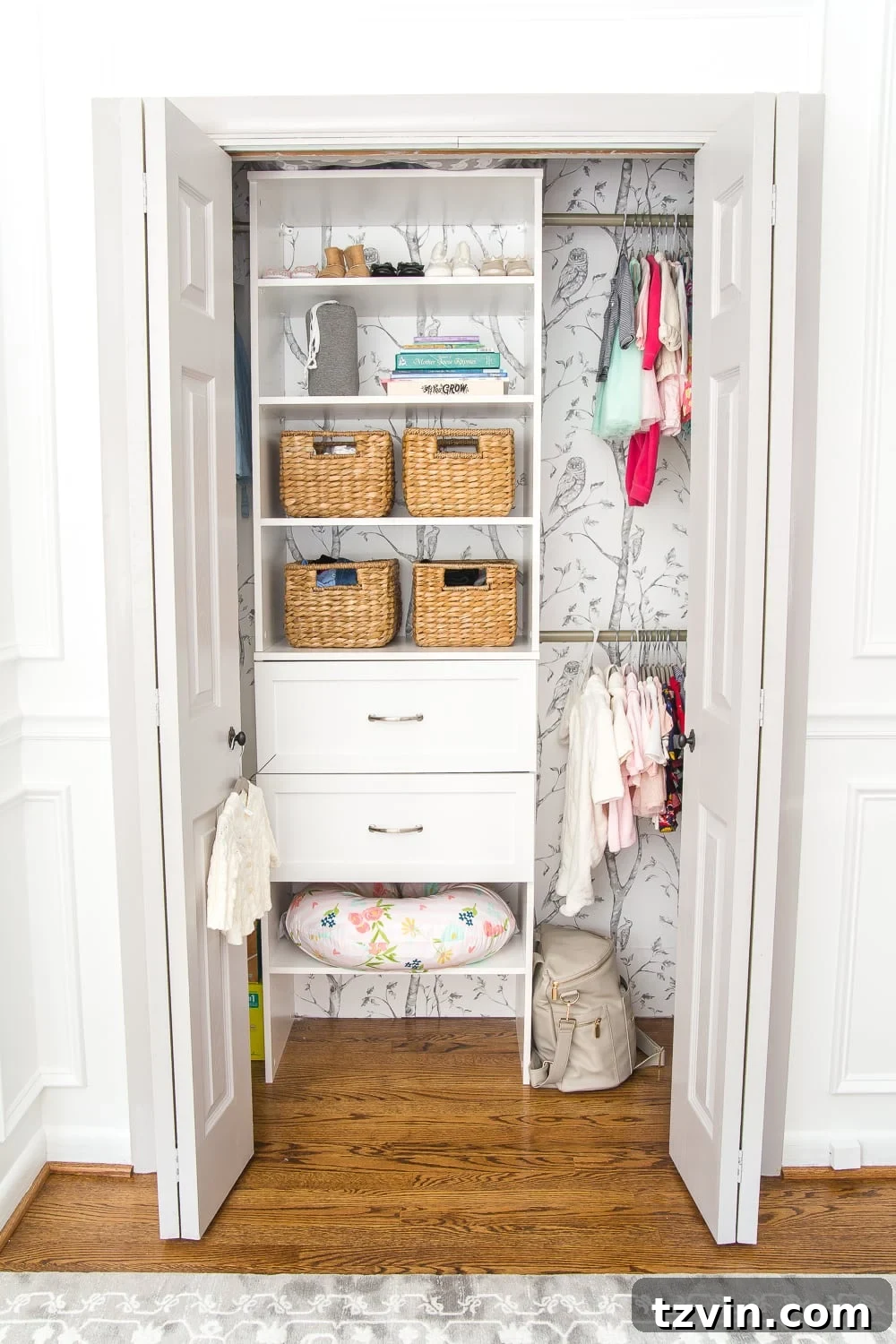 Nursery Organization Secrets Revealed 17 Nursery Organization | Baby closet with shelving, baskets, and closest dividers to make it easy to find everything.