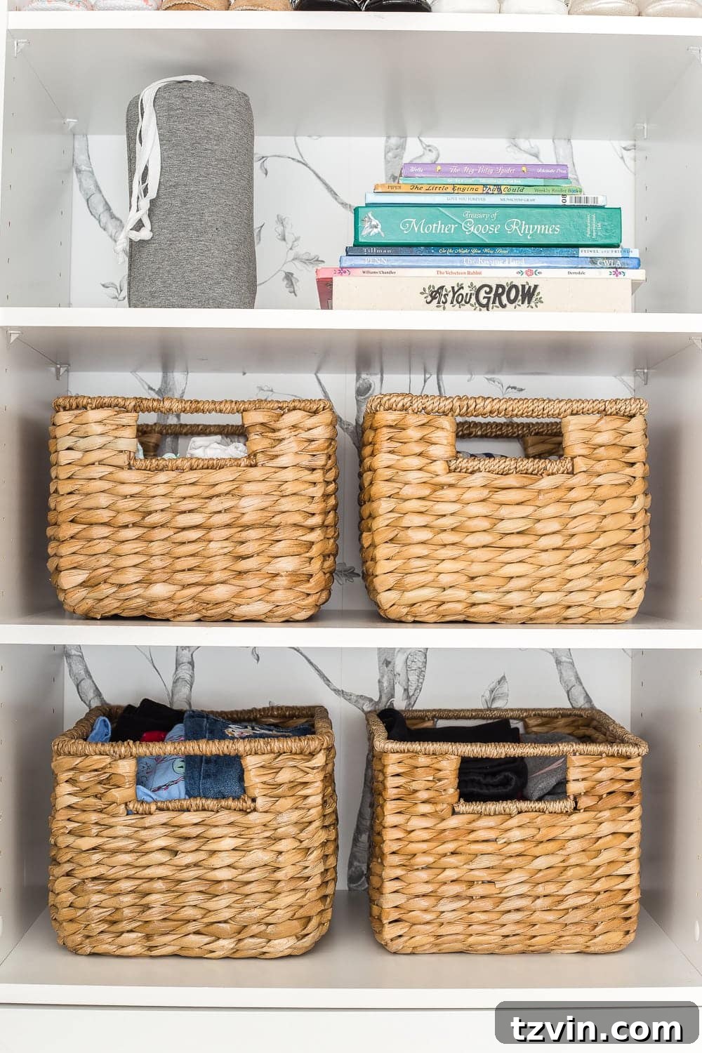 Nursery Organization Secrets Revealed 18 Nursery Organization | Closet shelves to hold next phase size clothing and baby books for story time.