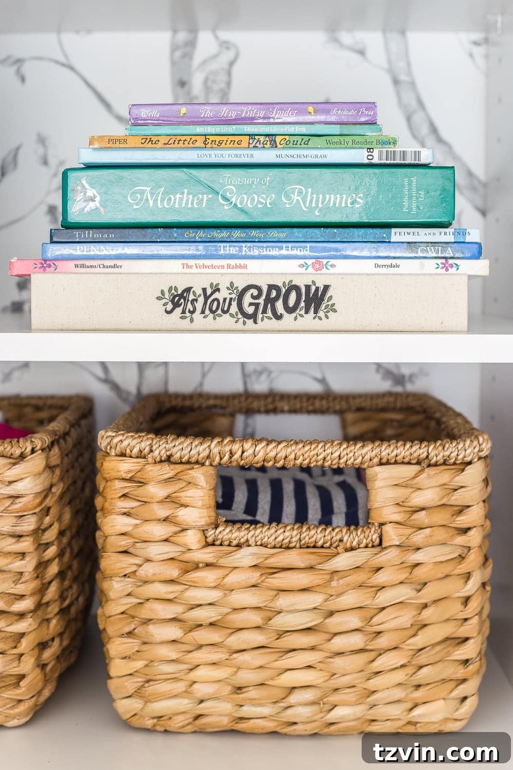 Nursery Organization Secrets Revealed 19 Nursery Organization | Closet shelves to hold next phase size clothing and baby books for story time.