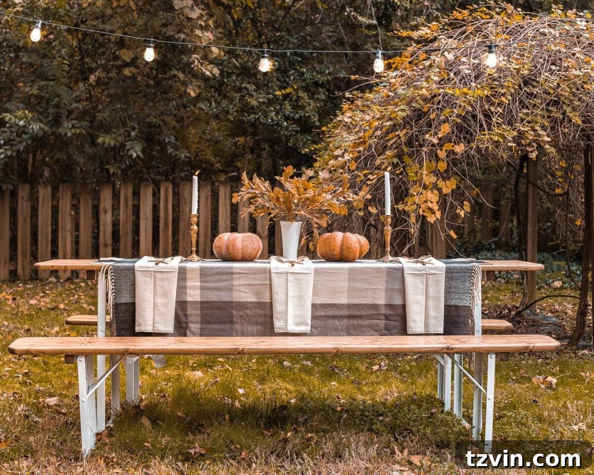 Outdoor beer garden table for Thanksgiving, set with plaid blanket, pumpkins, and candles, under string lights.