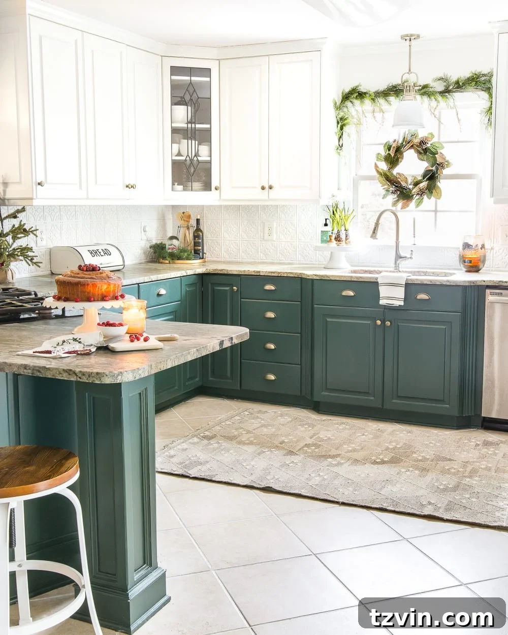 Christmas Kitchen Decor with Green Cabinets