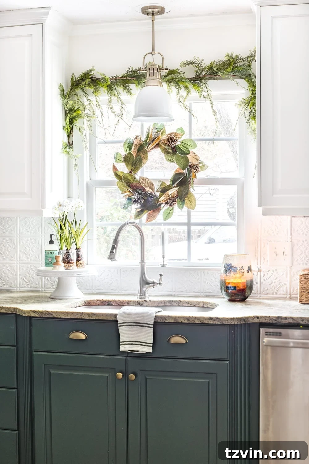 Kitchen Window with Christmas Garland and Wreath