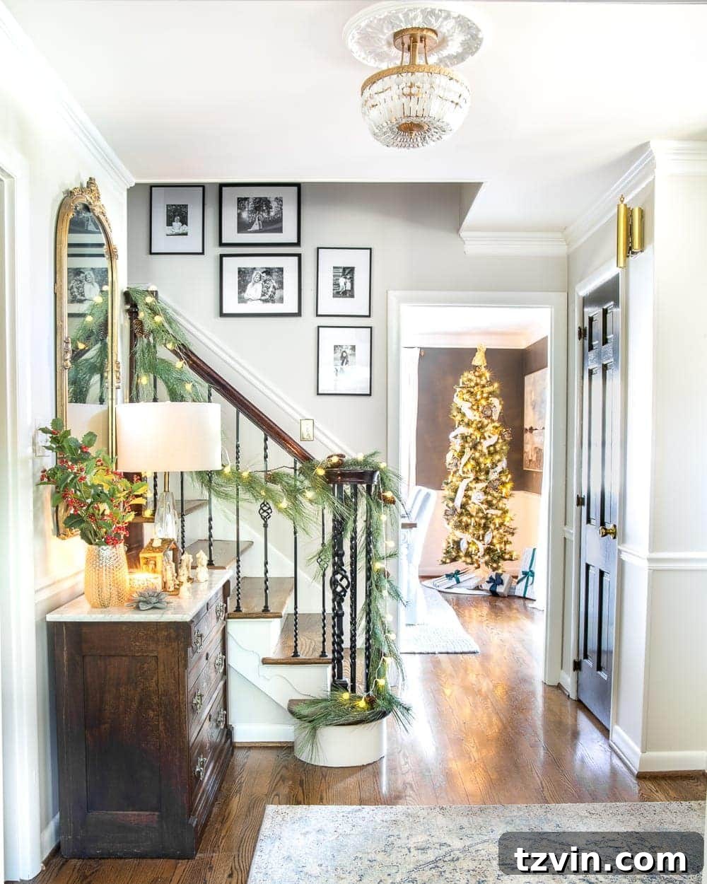 Christmas Staircase Garland and Holly Vase