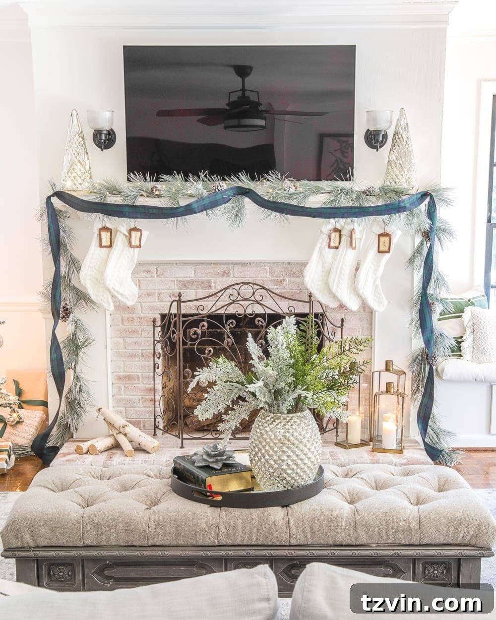 Christmas Mantel Decor with Garland and Stockings