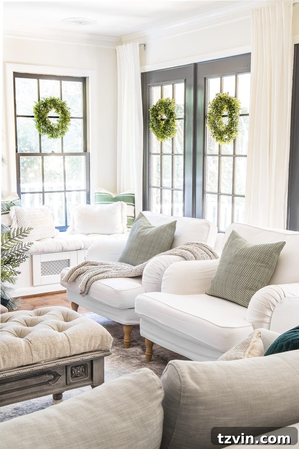 Christmas Living Room Sofa with Green Pillows