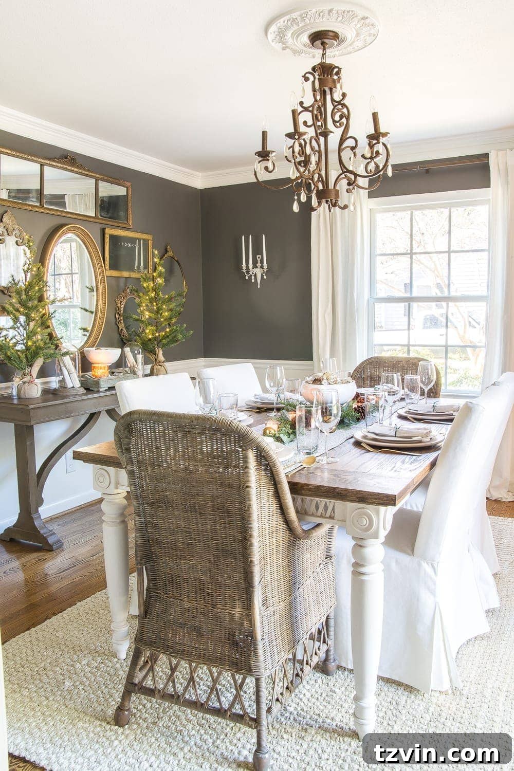 Close-up of Christmas Tree Reflection in Dining Room