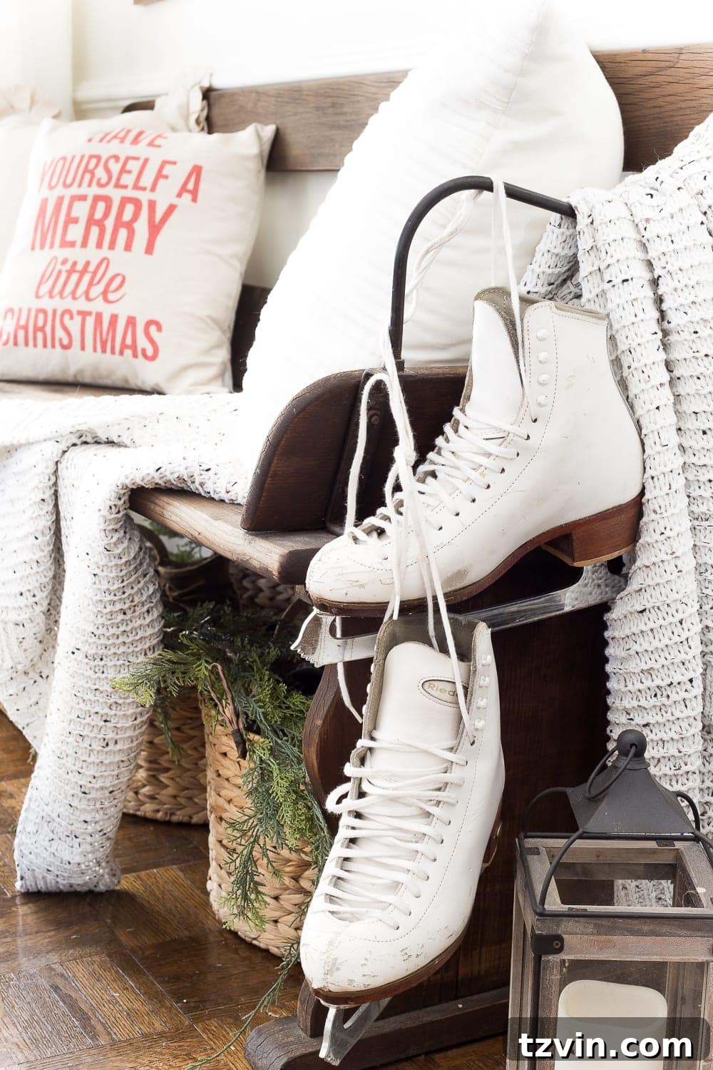 Handmade Holiday Magic: Affordable Christmas Decor for 2024 7 Repurposed ice skates serve as a unique and charming Christmas decor accent, adding a nostalgic winter touch.