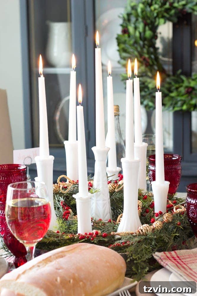 Handmade Holiday Magic: Affordable Christmas Decor for 2024 17 Repurposed bud vases serve as elegant candle holders for a Christmas centerpiece, a sentimental and inexpensive decor idea.