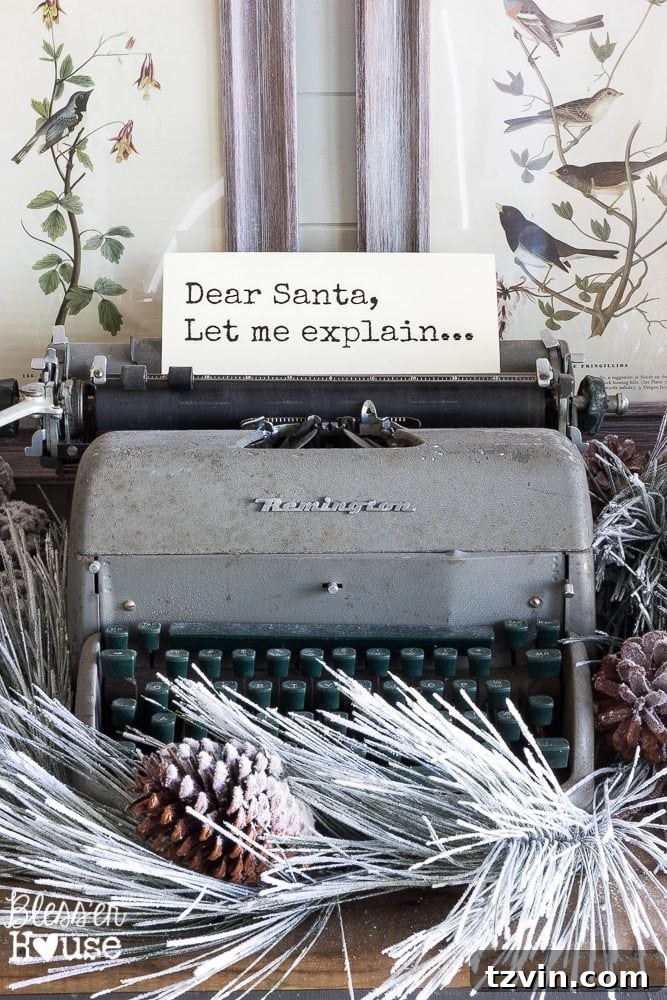 Handmade Holiday Magic: Affordable Christmas Decor for 2024 20 Thrifted typewriter repurposed as vintage Christmas decor, displaying whimsical messages to Santa for a charming touch.