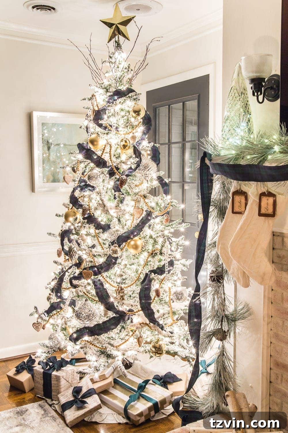 A Yuletide Candlelight Evening 14 Full view of a beautifully lit Christmas Tree in a cozy living room at night