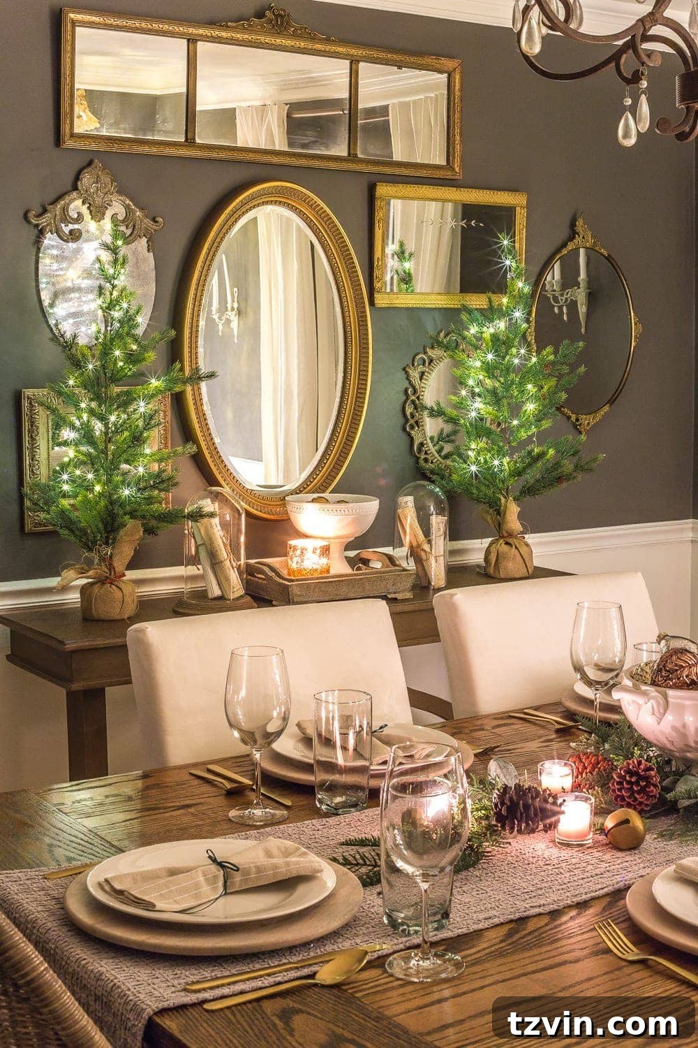 A Yuletide Candlelight Evening 3 Christmas Dining Room Mirror Gallery Wall reflecting festive candlelight