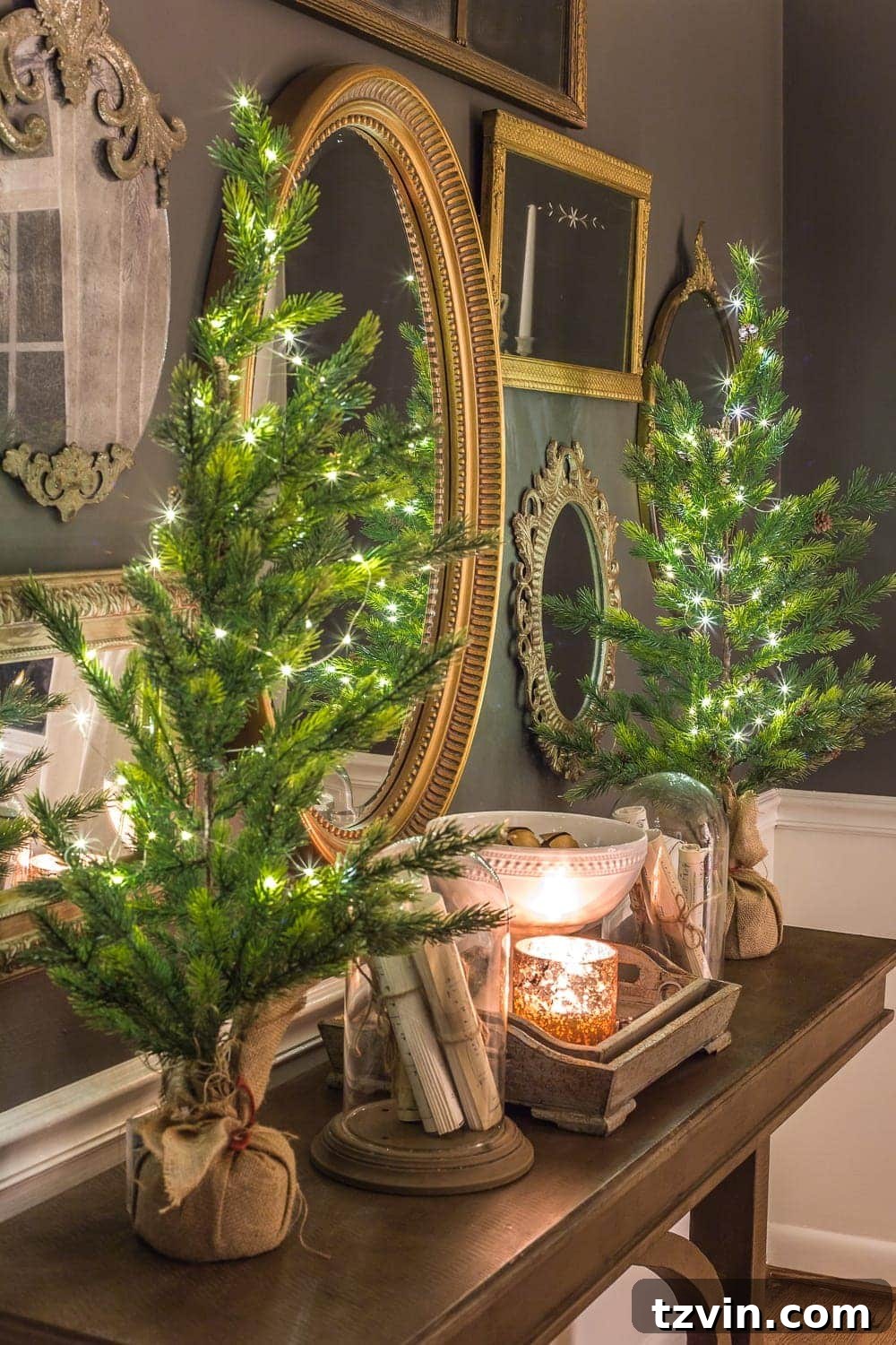 A Yuletide Candlelight Evening 4 Close-up of Christmas Dining Room Mirror Gallery Wall with holiday decor