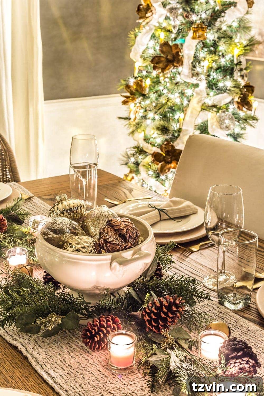 A Yuletide Candlelight Evening 5 Elegant Christmas Dining Room Tablescape illuminated by soft candlelight