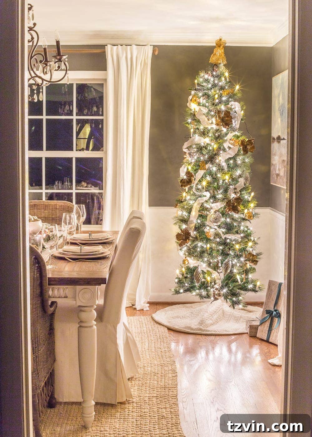 A Yuletide Candlelight Evening 6 View of festive Christmas Dining Room decor glowing at night